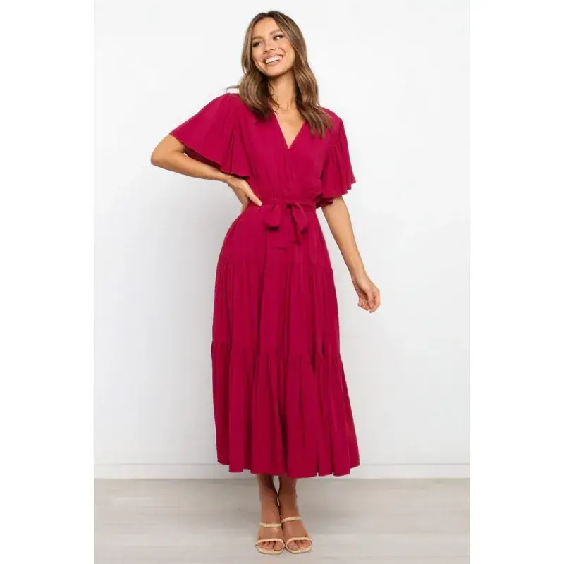 New V-Neck Commuter Dress Red Short Sleeve Tight Waist - Image 9