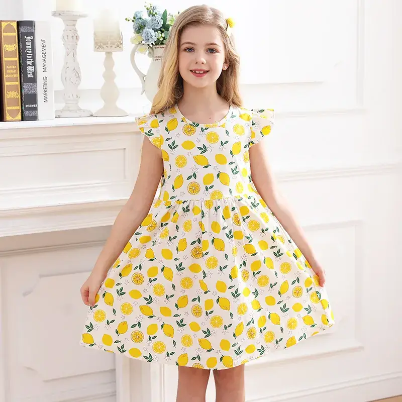 Girls Cotton Lemon Print Summer Dress 2023