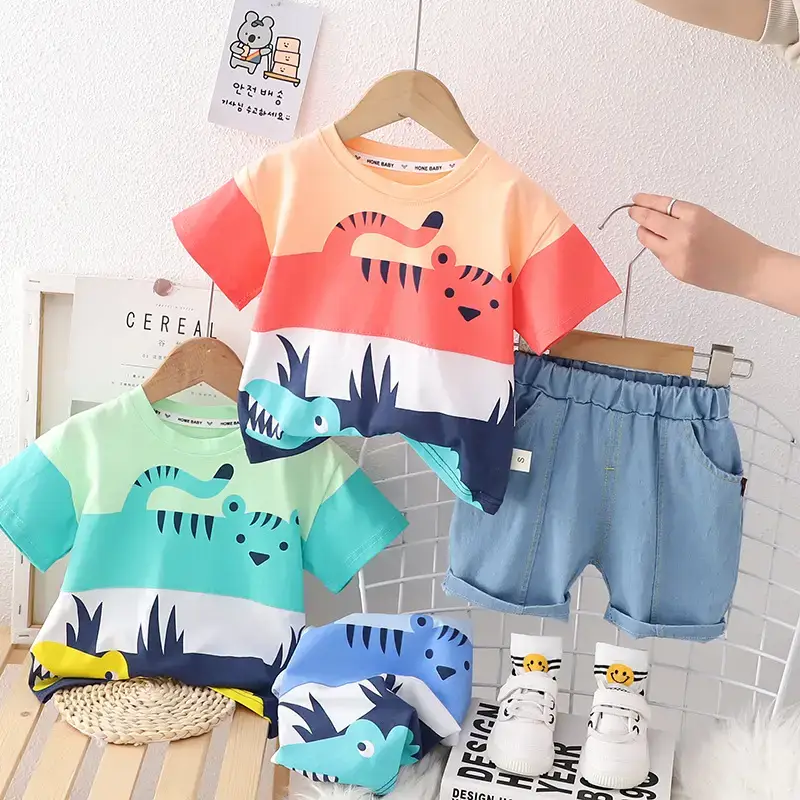 Kids Cotton T-Shirt Shorts Set Green Blue New Summer - Image 4