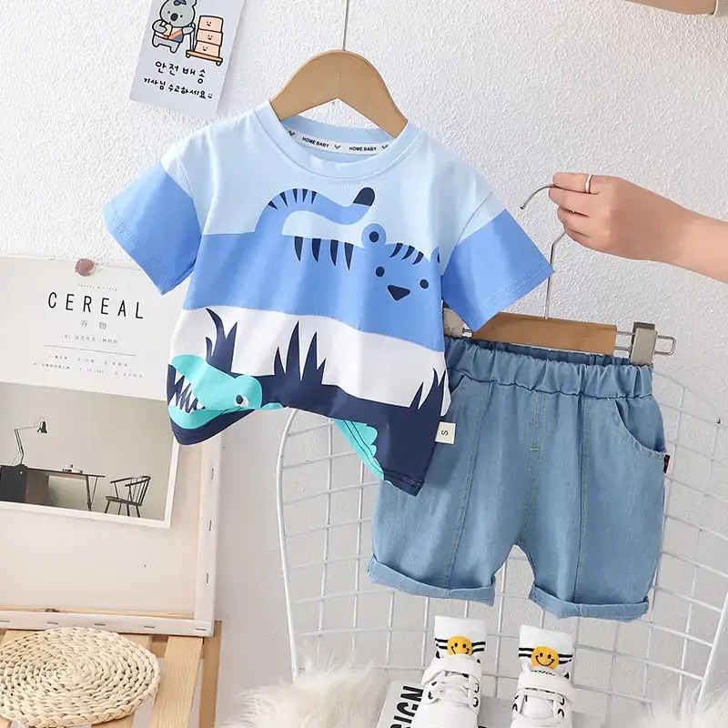 Kids Cotton T-Shirt Shorts Set Green Blue New Summer - Image 3
