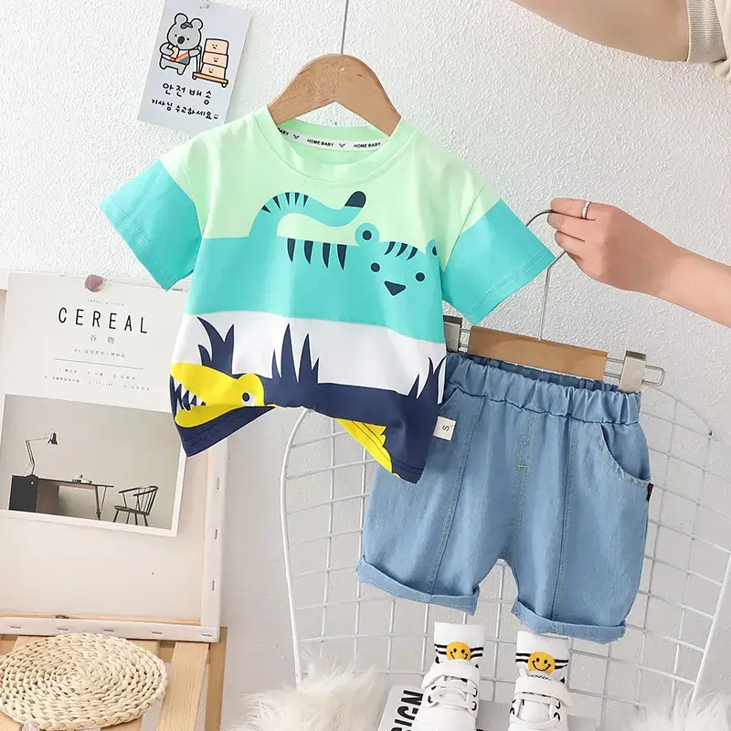 Kids Cotton T-Shirt Shorts Set Green Blue New Summer - Image 2
