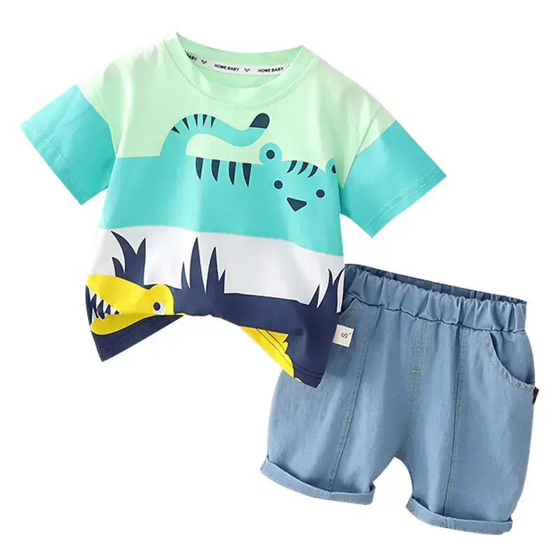 Kids Cotton T-Shirt Shorts Set Green Blue New Summer - Image 5