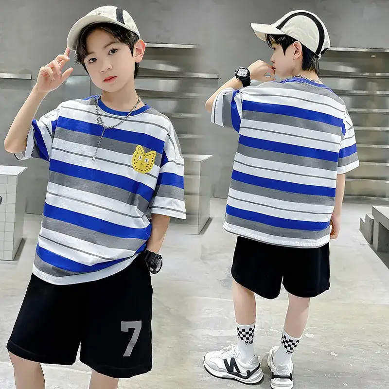 CFX-Trendy Children's Short Sleeve) Blue Grey Stripe