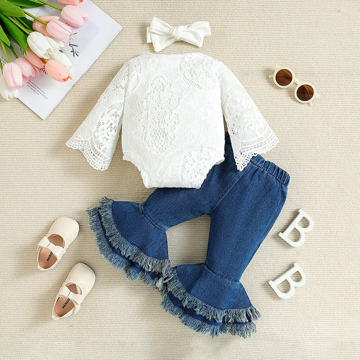 White Lace Baby Suit with Denim Bell Bottoms and Bow - Image 2