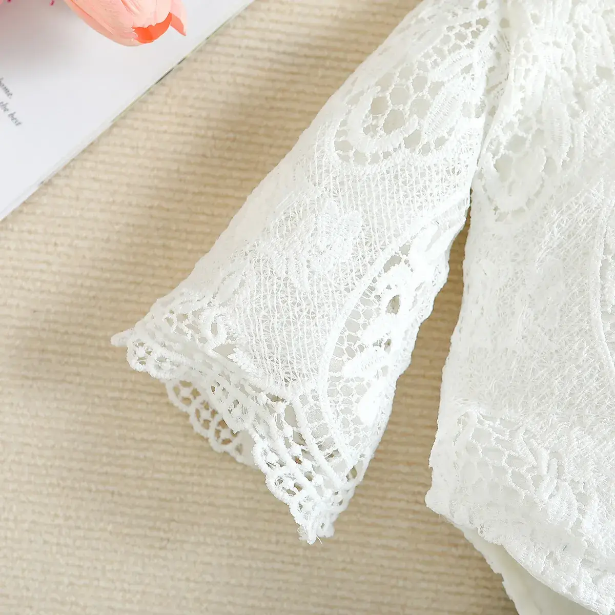 White Lace Baby Suit with Denim Bell Bottoms and Bow - Image 3
