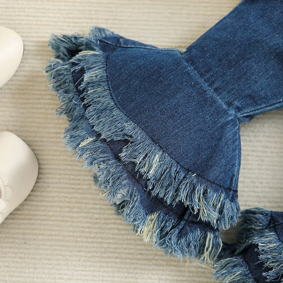 White Lace Baby Suit with Denim Bell Bottoms and Bow - Image 4