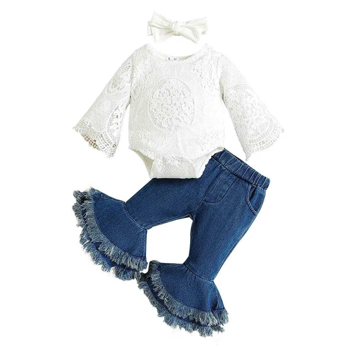 White Lace Baby Suit with Denim Bell Bottoms and Bow - Image 5