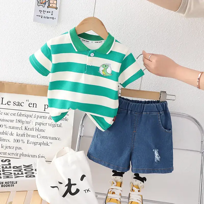 Children's Striped T-Shirt & Shorts Set Green White Cotton - Image 2