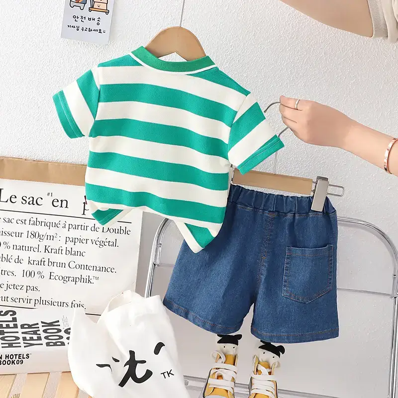 Children's Striped T-Shirt & Shorts Set Green White Cotton - Image 4