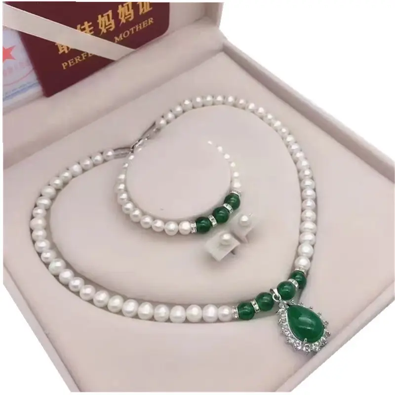Pearl Necklace Set with Green Glare & Shell Beads - Image 4