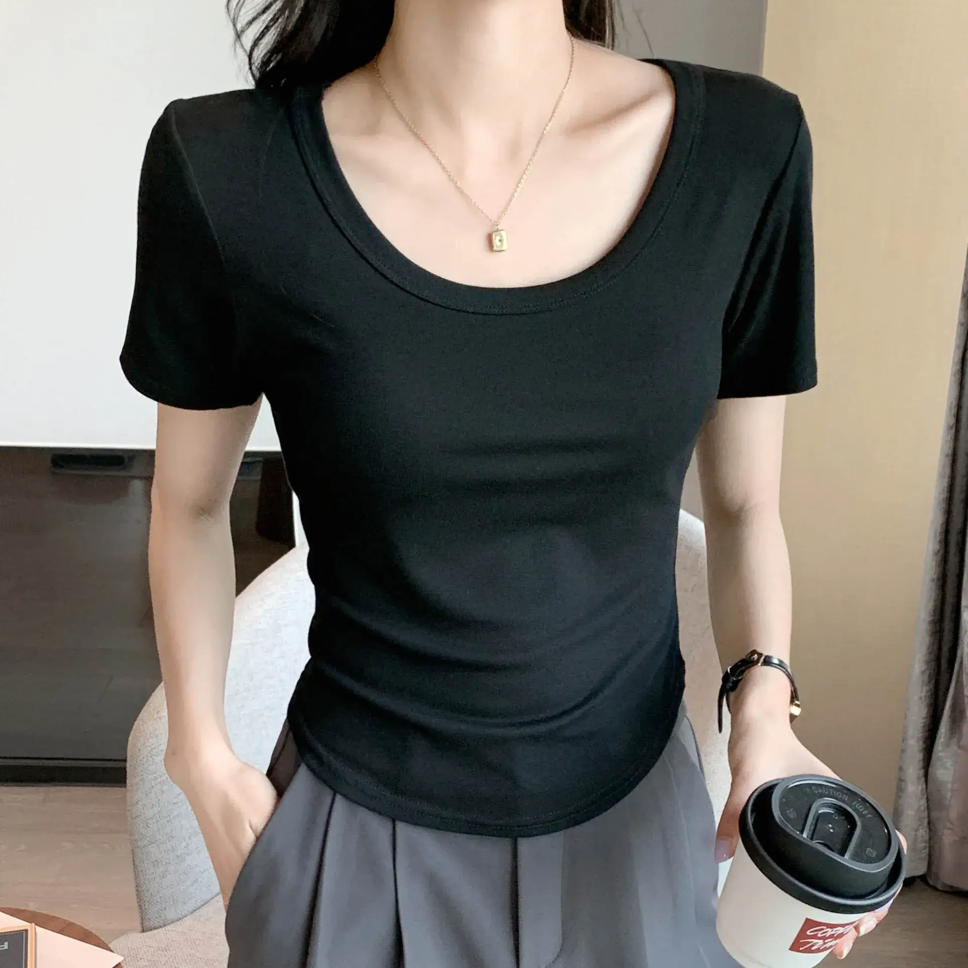Women Black U-Neck Short Sleeve T-Shirt - Image 9
