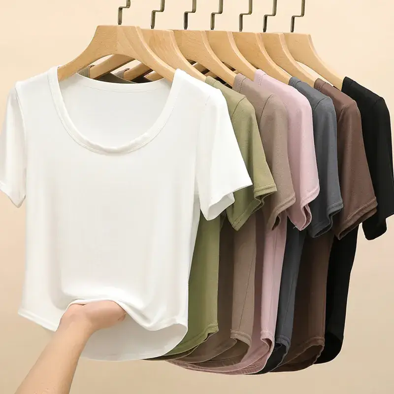 Women Black U-Neck Short Sleeve T-Shirt - Image 10
