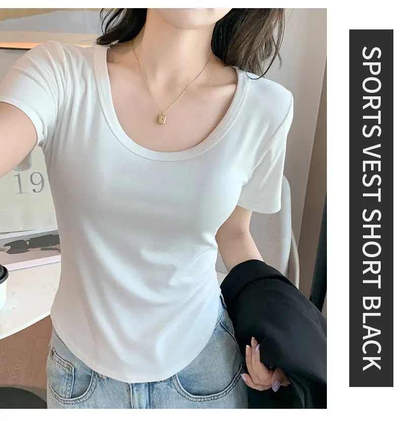 Women Black U-Neck Short Sleeve T-Shirt — feature 16