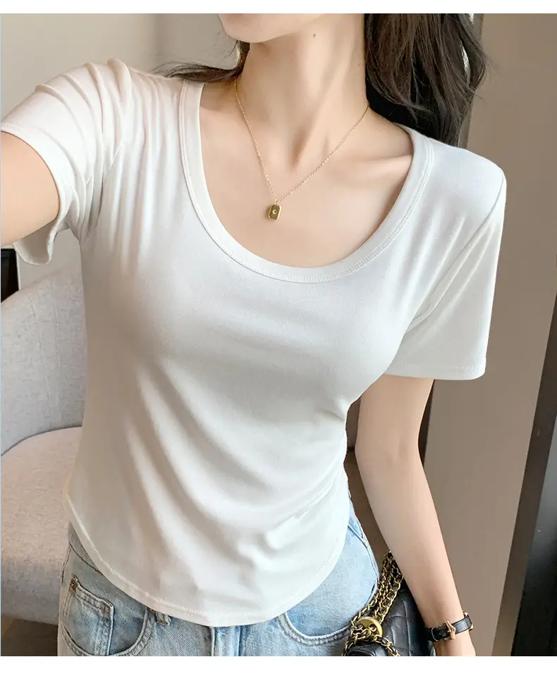 Women Black U-Neck Short Sleeve T-Shirt — feature 17
