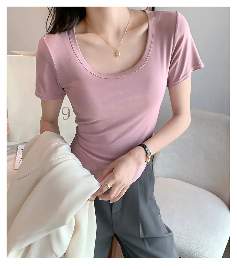Women Black U-Neck Short Sleeve T-Shirt — feature 22