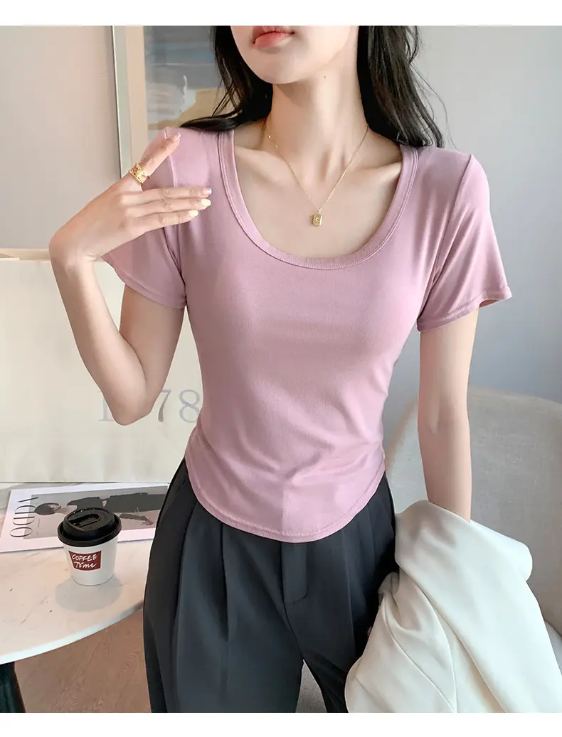 Women Black U-Neck Short Sleeve T-Shirt — feature 23