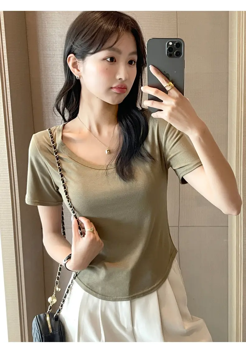 Women Black U-Neck Short Sleeve T-Shirt — feature 26