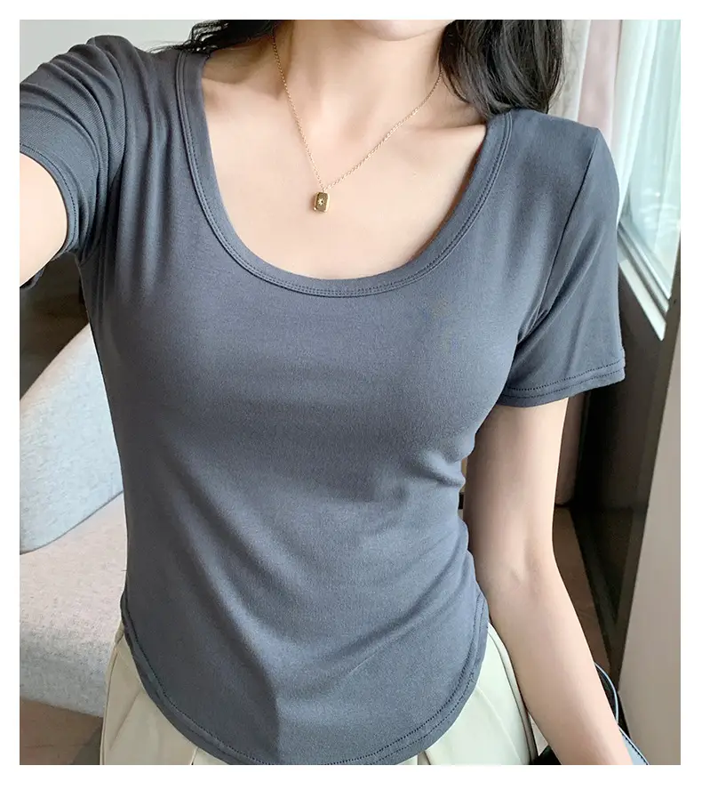 Women Black U-Neck Short Sleeve T-Shirt — feature 30
