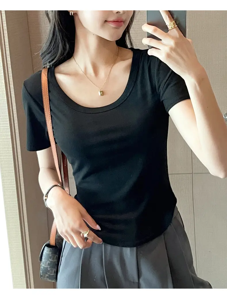 Women Black U-Neck Short Sleeve T-Shirt — feature 31