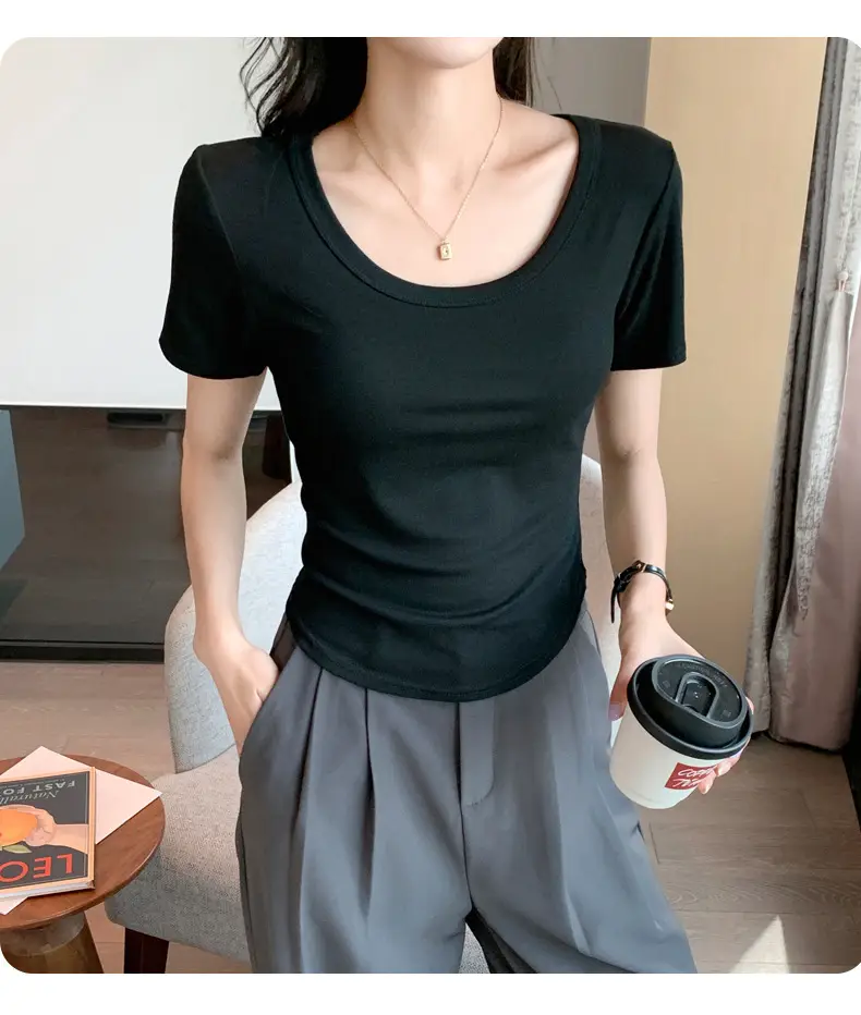 Women Black U-Neck Short Sleeve T-Shirt — feature 32