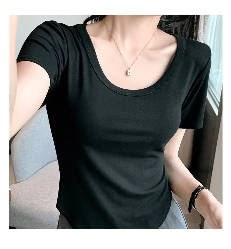 Women Black U-Neck Short Sleeve T-Shirt — feature 33