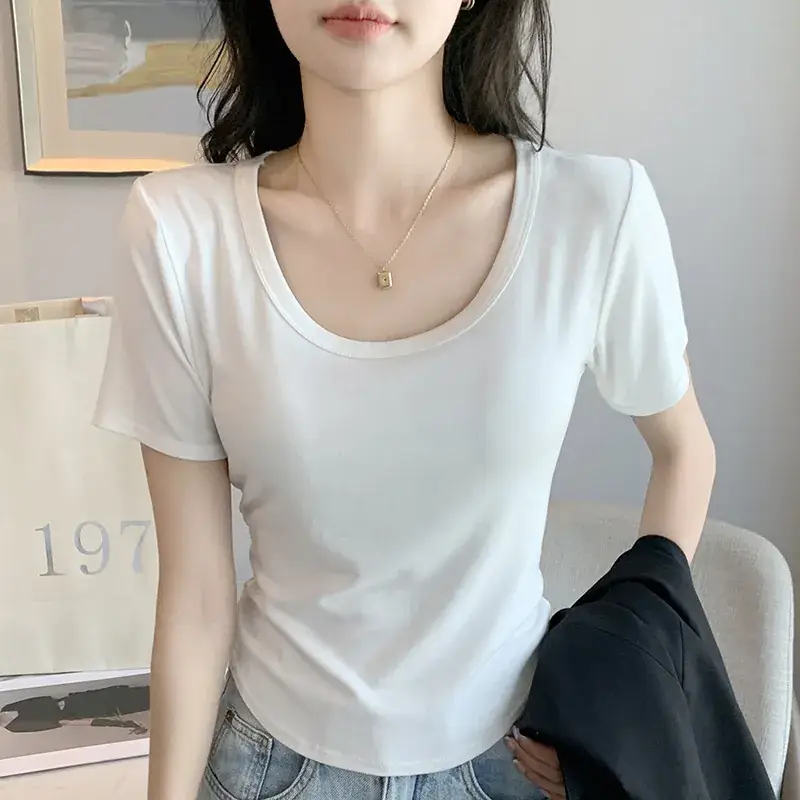 Women Black U-Neck Short Sleeve T-Shirt - Image 2