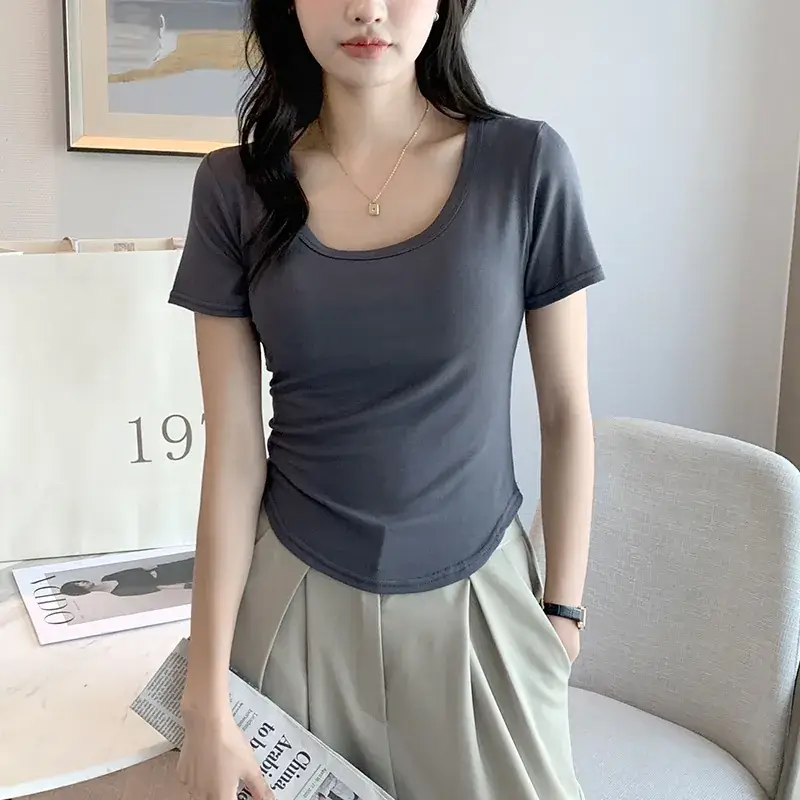 Women Black U-Neck Short Sleeve T-Shirt - Image 3