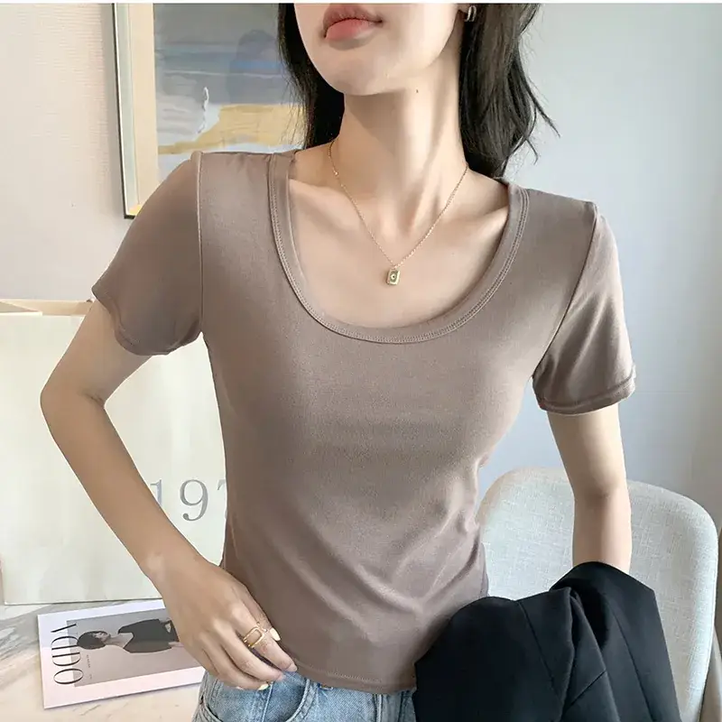 Women Black U-Neck Short Sleeve T-Shirt - Image 4
