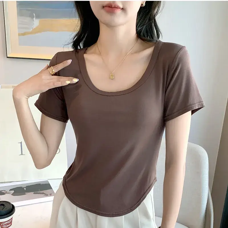 Women Black U-Neck Short Sleeve T-Shirt - Image 5