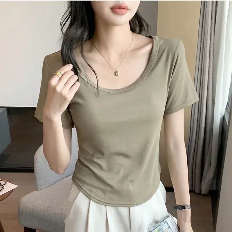 Women Black U-Neck Short Sleeve T-Shirt - Image 6
