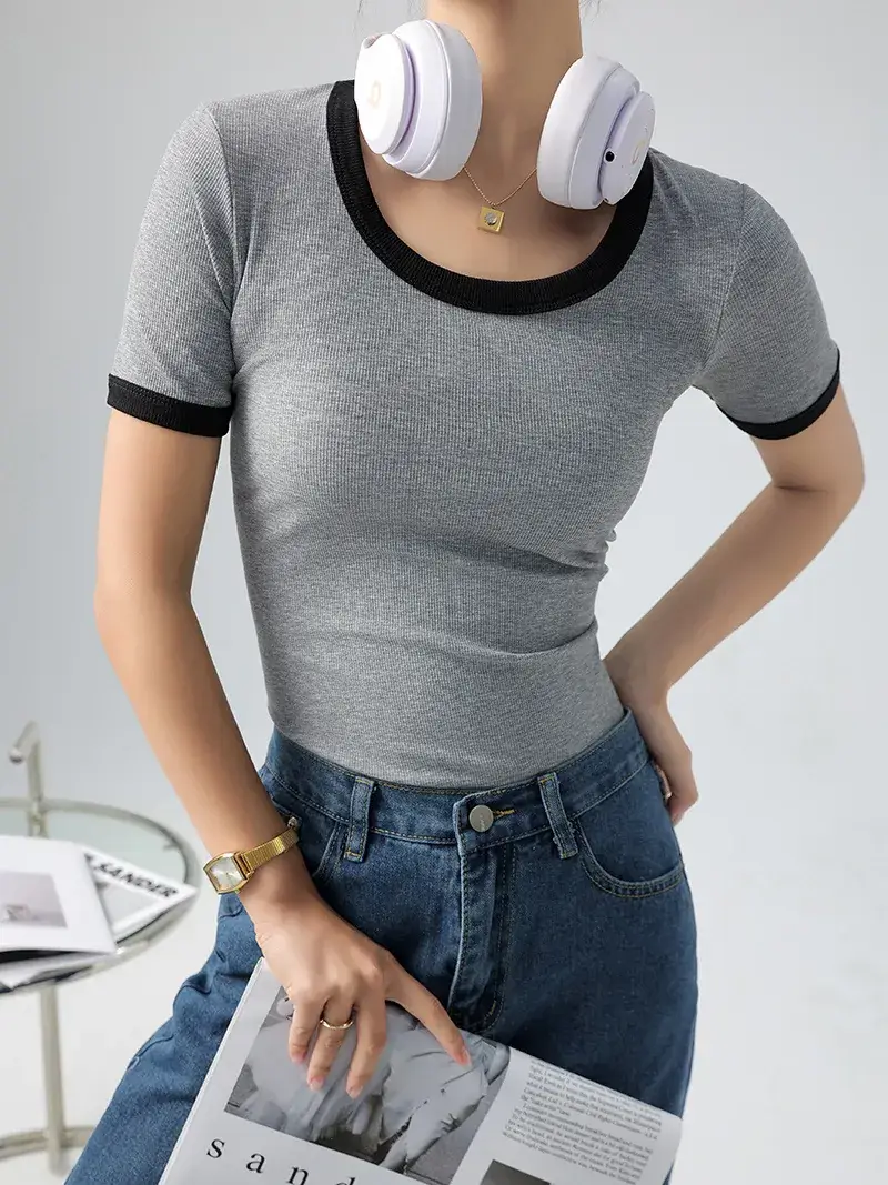 Women's Contrasting Color T-Shirt Large Round Neck Short Sleeve Cotton French Style