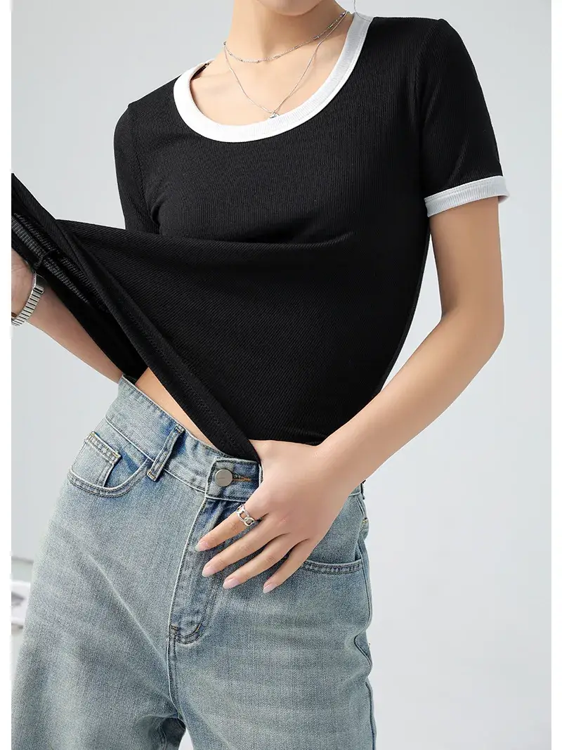 Women's Contrasting Color T-Shirt Large Round Neck Short Sleeve Cotton French Style