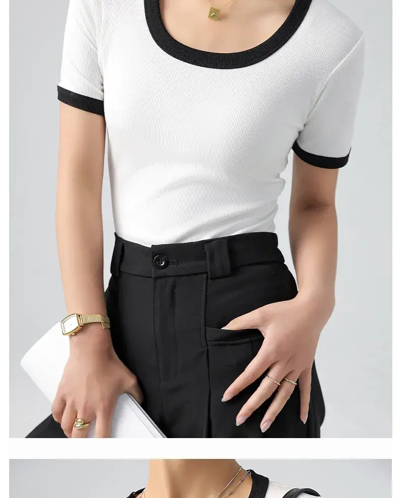 Women's Contrasting Color T-Shirt Large Round Neck Short Sleeve Cotton French Style — feature 12