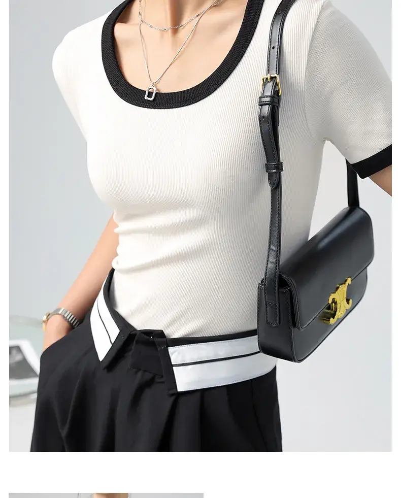 Women's Contrasting Color T-Shirt Large Round Neck Short Sleeve Cotton French Style — feature 13