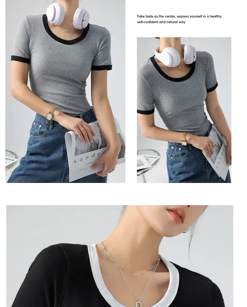 Women's Contrasting Color T-Shirt Large Round Neck Short Sleeve Cotton French Style — feature 14