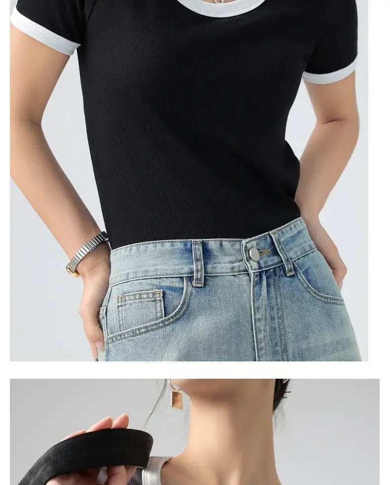 Women's Contrasting Color T-Shirt Large Round Neck Short Sleeve Cotton French Style — feature 15