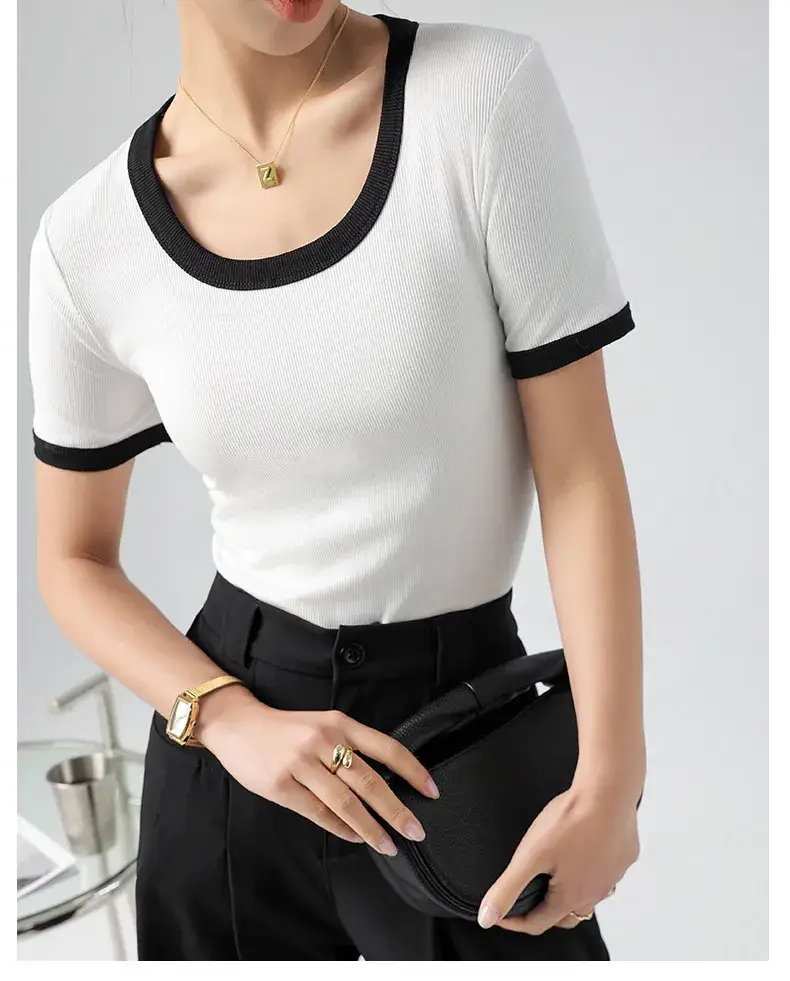 Women's Contrasting Color T-Shirt Large Round Neck Short Sleeve Cotton French Style — feature 17