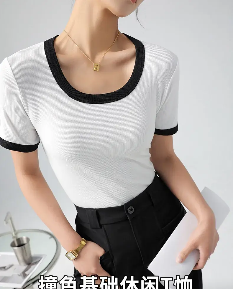 Women's Contrasting Color T-Shirt Large Round Neck Short Sleeve Cotton French Style — feature 3