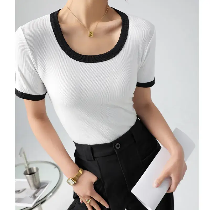Women's Contrasting Color T-Shirt Large Round Neck Short Sleeve Cotton French Style