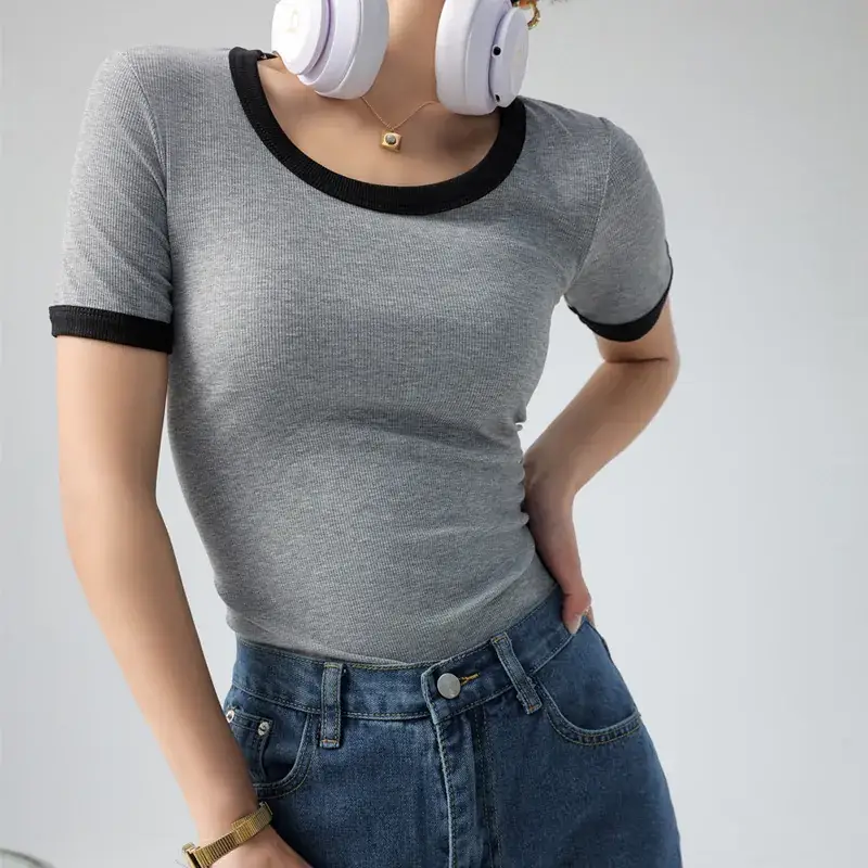 Women's Contrasting Color T-Shirt Large Round Neck Short Sleeve Cotton French Style