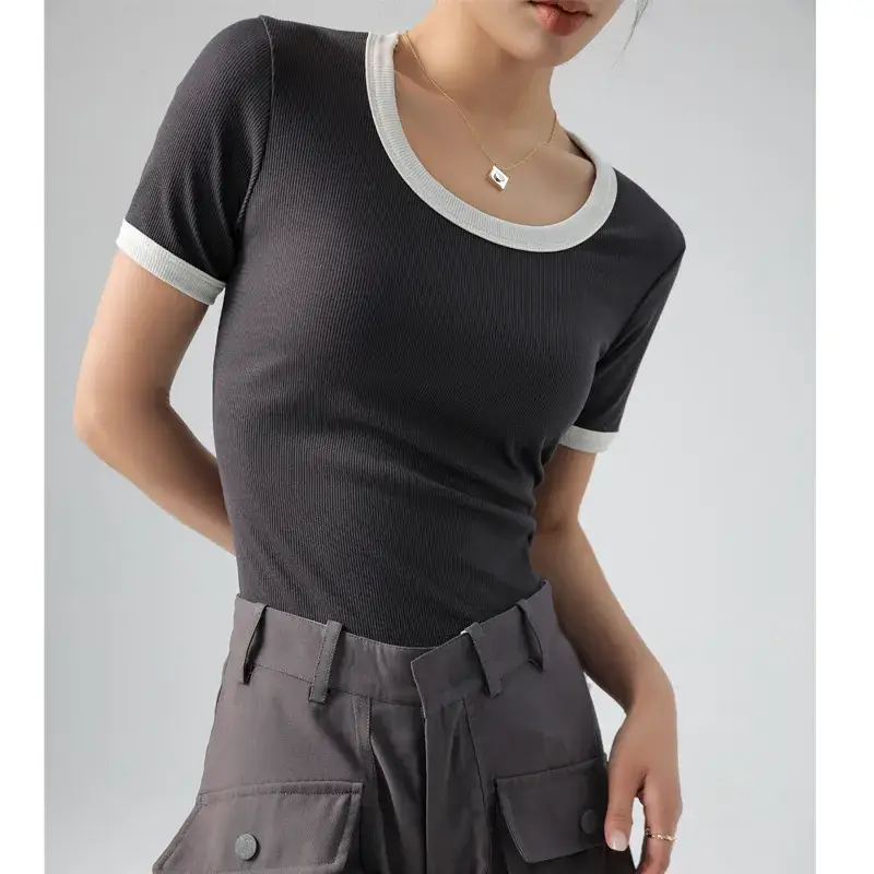 Women's Contrasting Color T-Shirt Large Round Neck Short Sleeve Cotton French Style