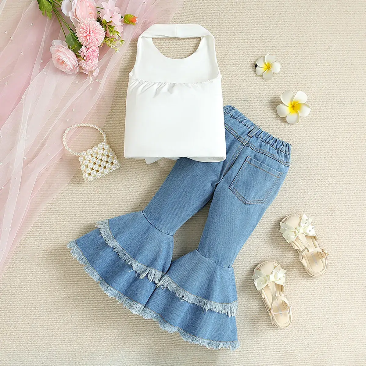 White Bow Backless Top for Girls Summer Suit - Image 2