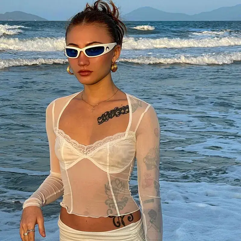 2022 Sexy Mesh Long Sleeve Tops Wholesale