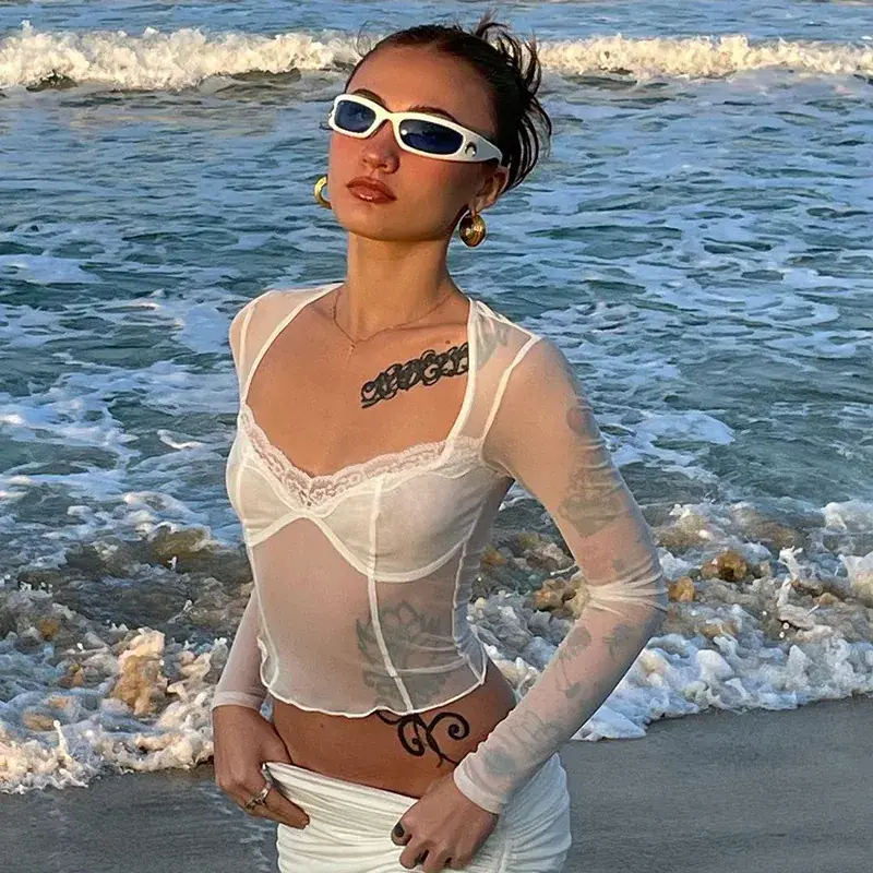2022 Sexy Mesh Long Sleeve Tops Wholesale