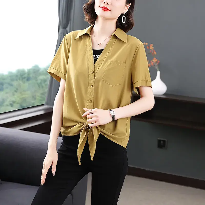2023 Fake Two-Piece French Style Meat Cover Shirt Women Summer Polo Top - Image 4