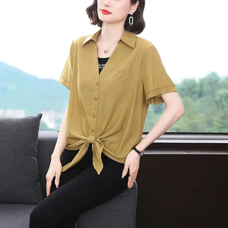 2023 Fake Two-Piece French Style Meat Cover Shirt Women Summer Polo Top - Image 6