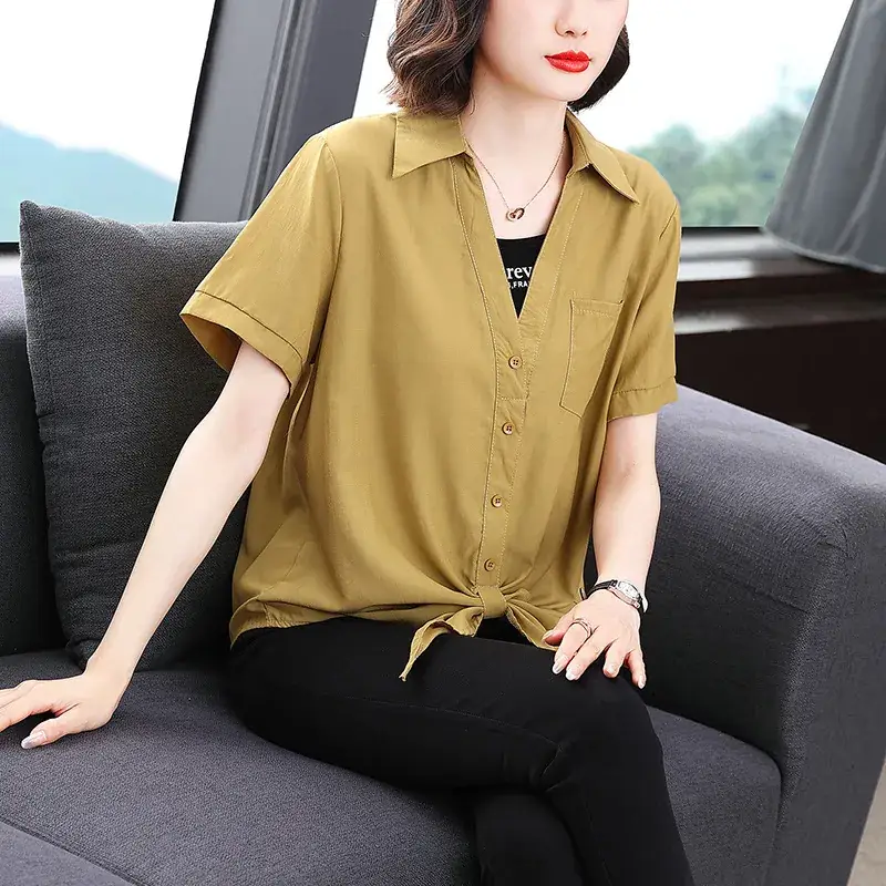 2023 Fake Two-Piece French Style Meat Cover Shirt Women Summer Polo Top - Image 7