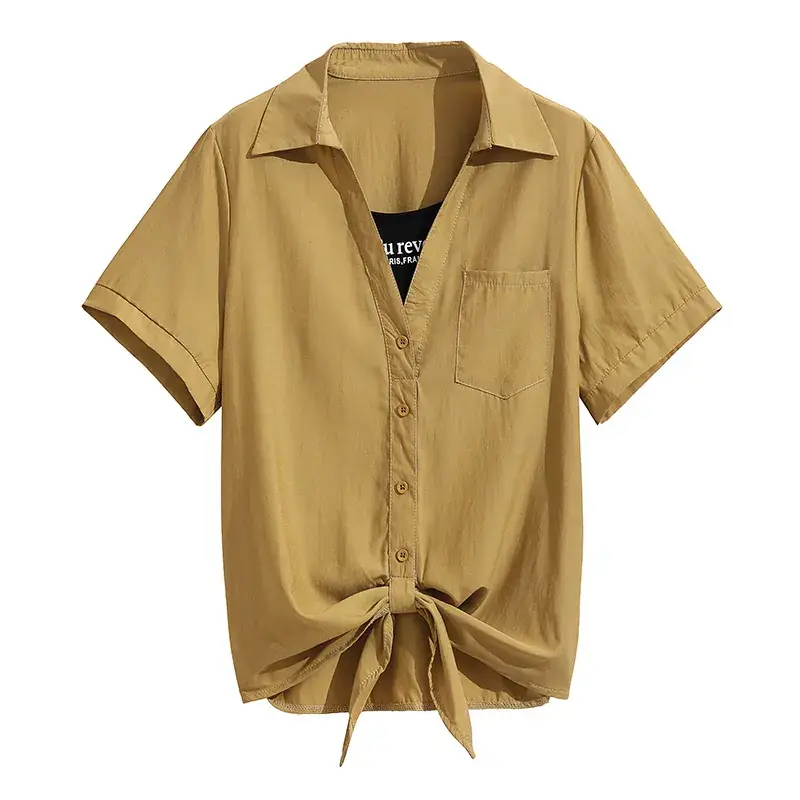 2023 Fake Two-Piece French Style Meat Cover Shirt Women Summer Polo Top - Image 8
