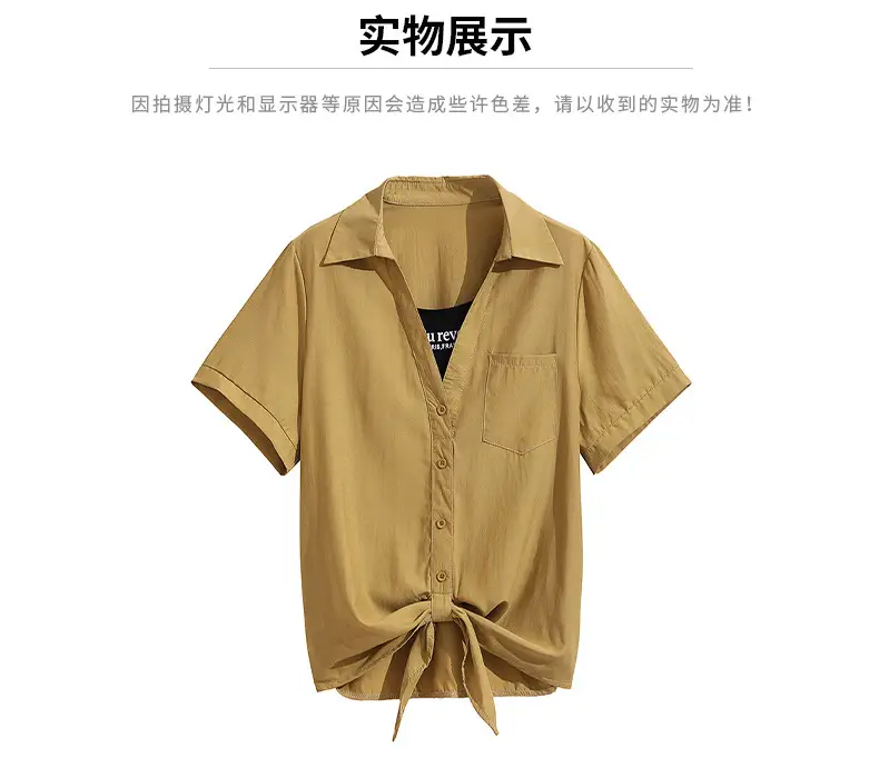 2023 Fake Two-Piece French Style Meat Cover Shirt Women Summer Polo Top — feature 14