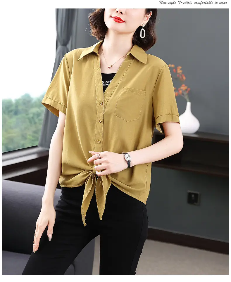 2023 Fake Two-Piece French Style Meat Cover Shirt Women Summer Polo Top — feature 9